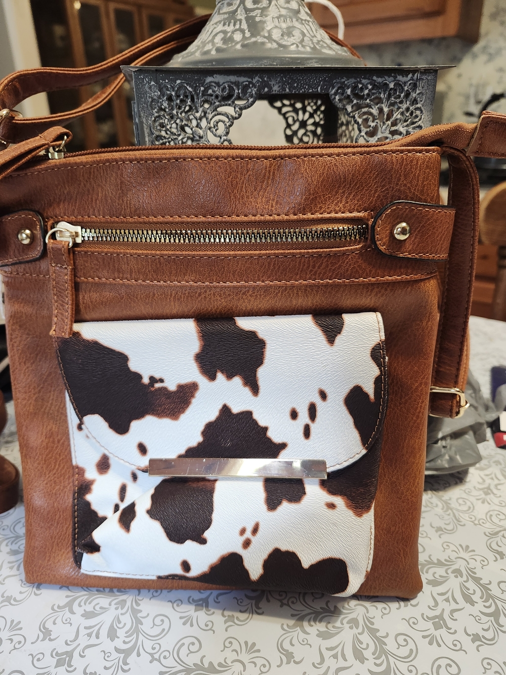 Women’s Brown Faux Leather Crossbody Bag with Cowhide Accent